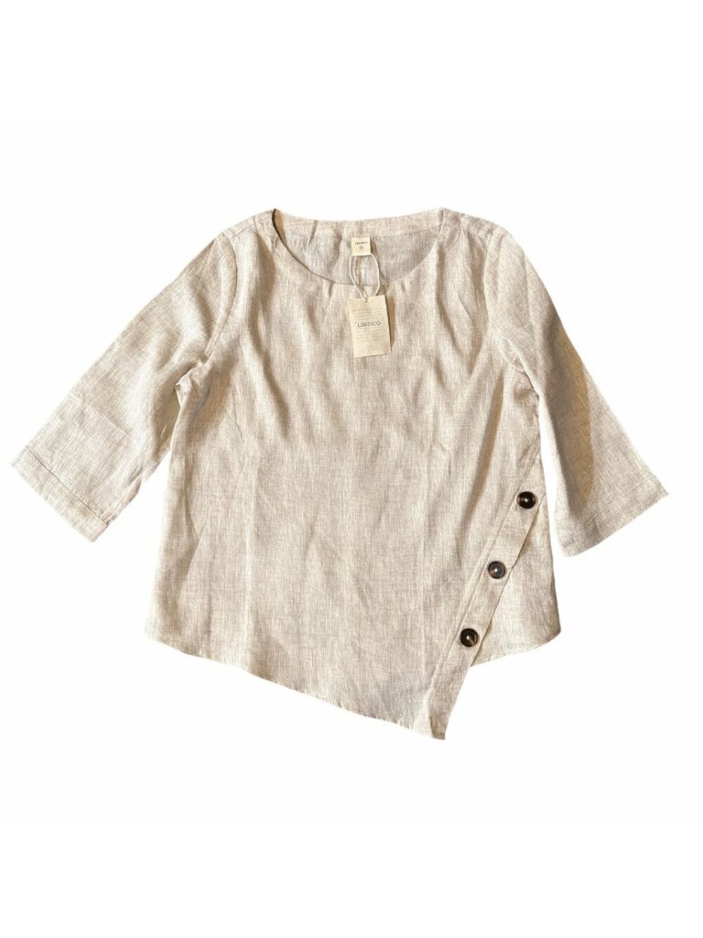 New Lintico Small 100% Linen Asymmetric-Hem Button-Trim Top NYLA Stone Oat Beach